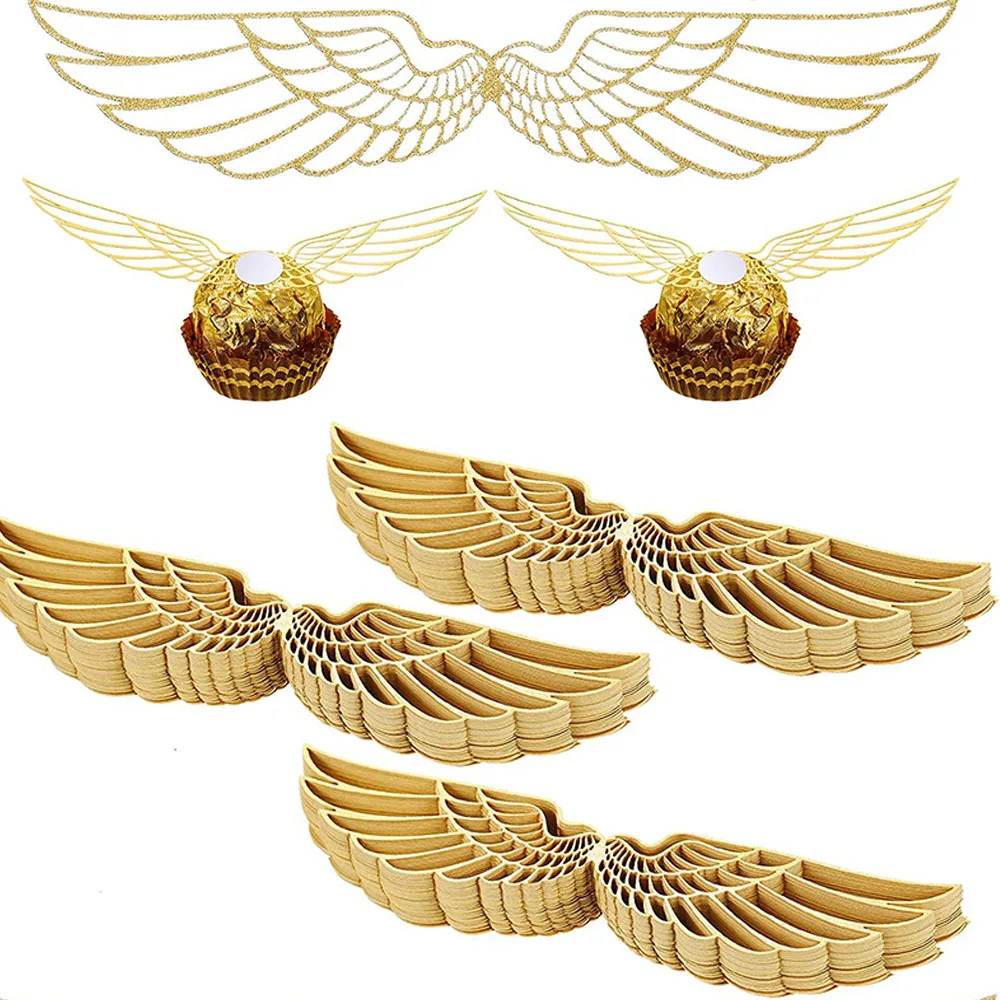

50Pcs Wings Chocolate Cake Party Gold Decoration Wizard Topper Golden Wing Cupcake Toppers Snitch Wedding Decor Candy