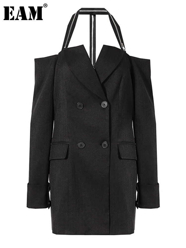 

[EAM] Women Black Off Shoulder Zipper Pockets Blazer Dress New Slash Neck Long Sleeve Loose Fashion Spring Autumn 2023 1DE6067