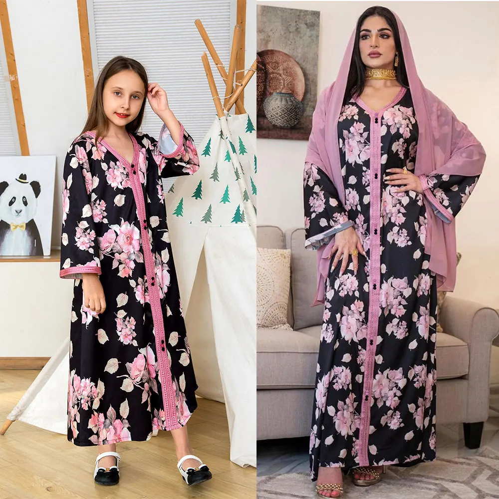 

Muslim Parent-child Round Neck Printed Mother and Daughter Gown of Moroccan Qatan, An Arab Islamic Woman In Abaya, Turkey