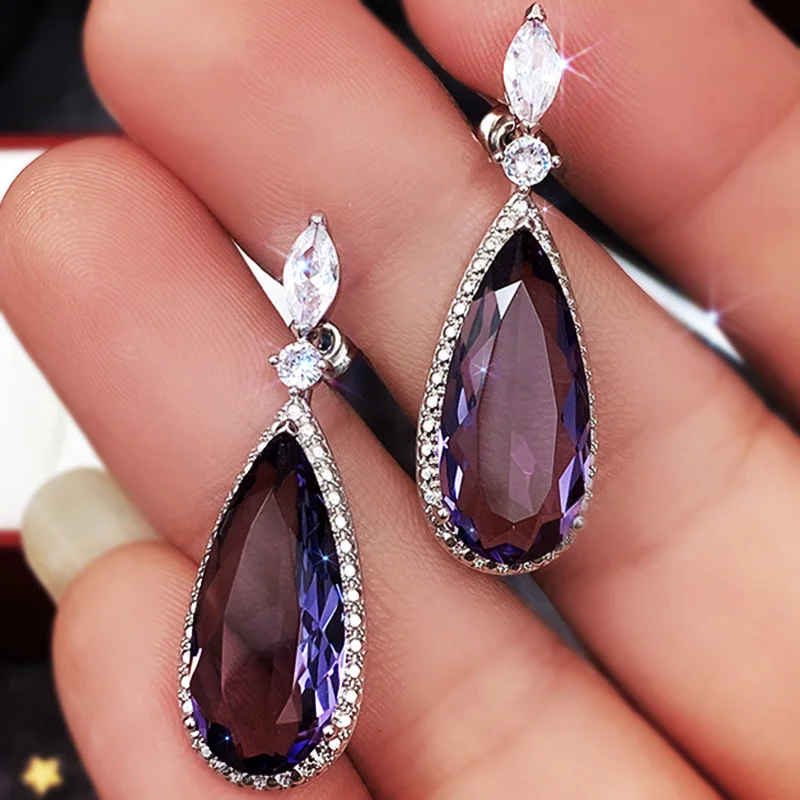 

2022 Big Teardrop Purple CZ Stone Drop Earrings High Quality silver color Gorgeous Women Accessories Wedding Trend Hot Jewelry