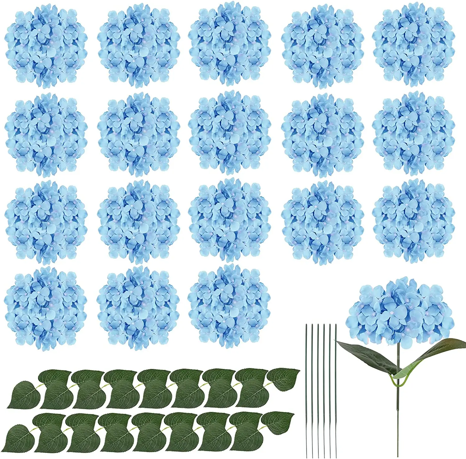 

20 Pack Artificial Hydrangea Silk Flower Heads with Stem and Fake Flower Leaves for Home Wedding Decor (Blue)