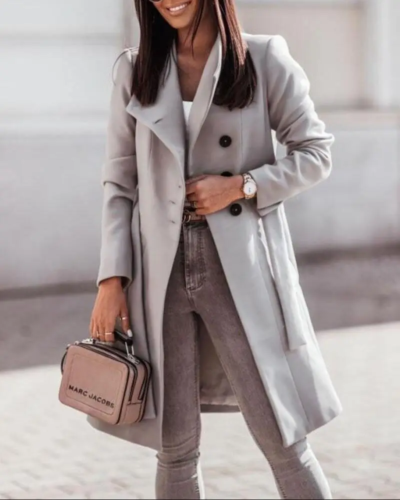 

Button Front Longline Coat With Belt Autumn Winter Long Sleeve Single Breasted Fashion Casual Trench Coat