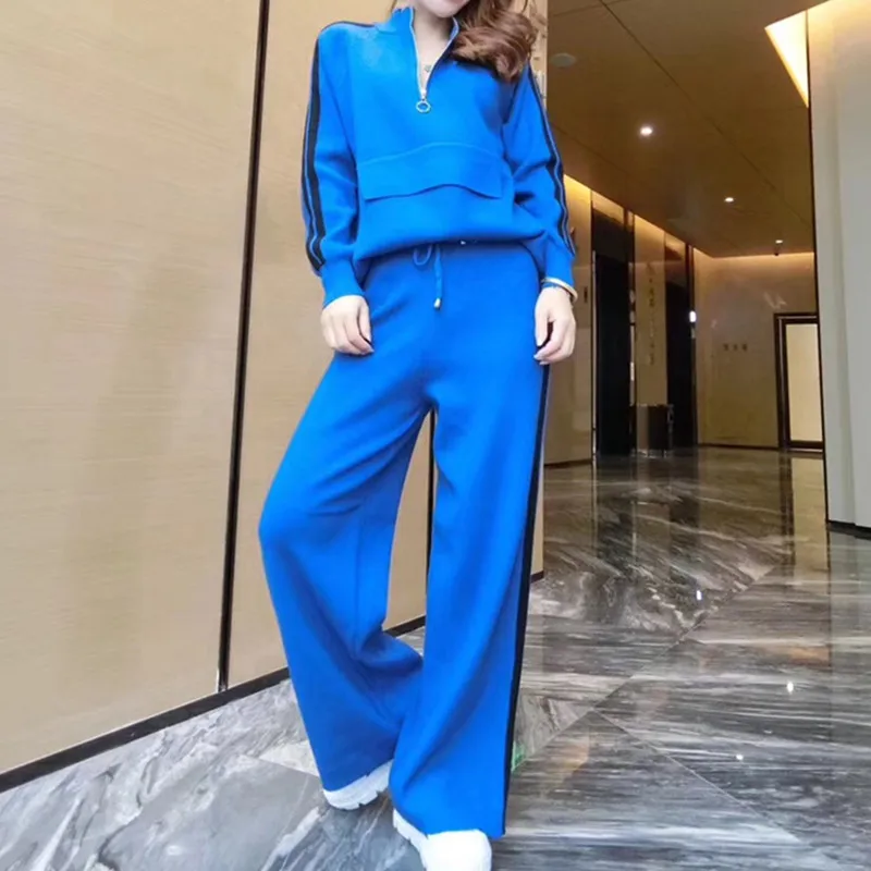 Full Drawstring Blends Pockets Knitted Casual Suit Women Thick Loose Sweater And Wide Leg Pants 2-piece Set 2021 Autumn Winter enlarge