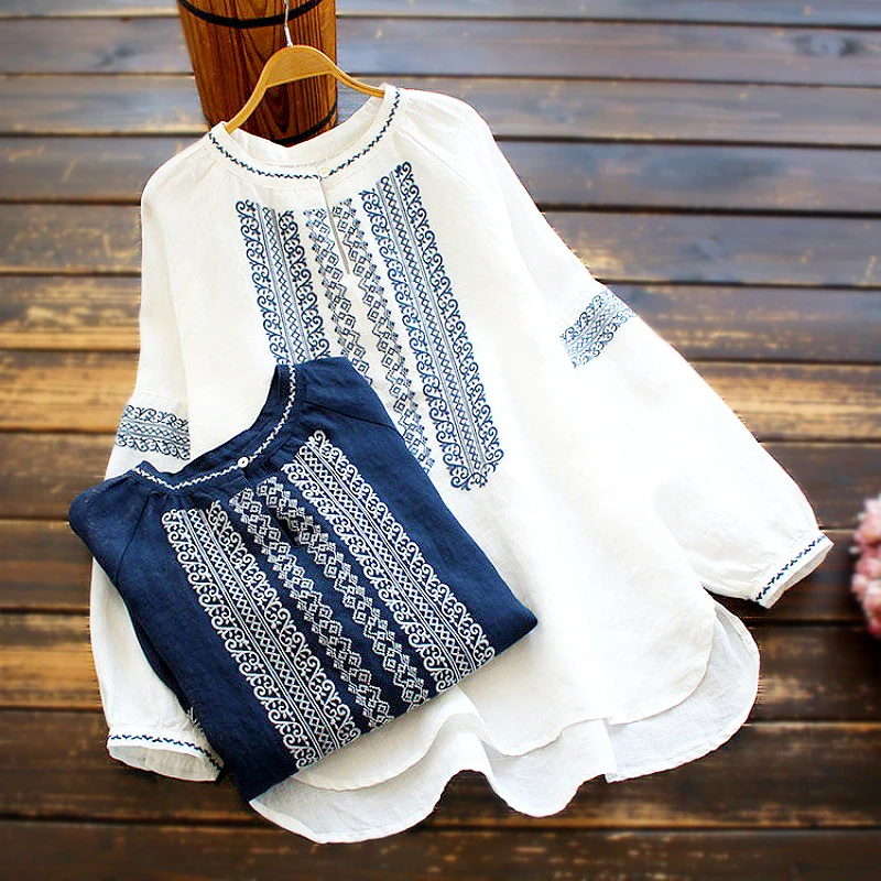 Блузки и рубашки с винтажной вышивкой для женщин хлопковые повседневные длинным