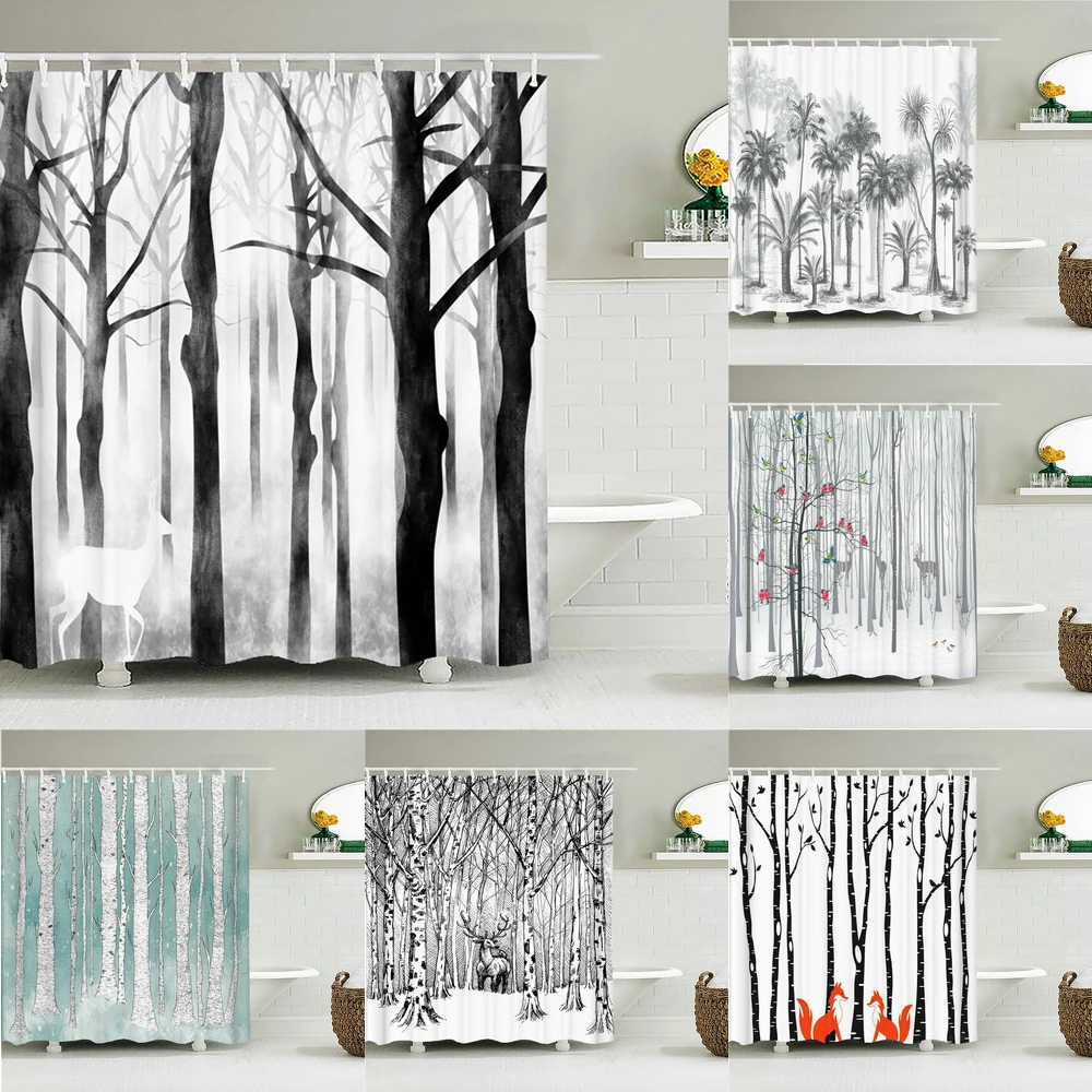 Cortinas de ducha de tela impermeable, decoración de pared con estampado 3D de abedul blanco, hojas de árbol y flores, para Baño