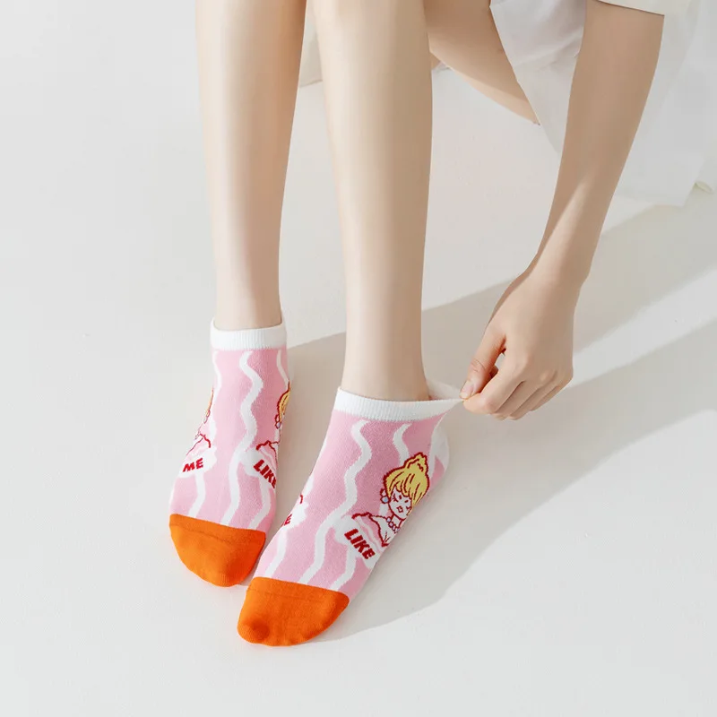 Japanese Summer Cartoon Shallow Mouthed Breathable Anti Slip Low Tube Socks-5 Pairs Set