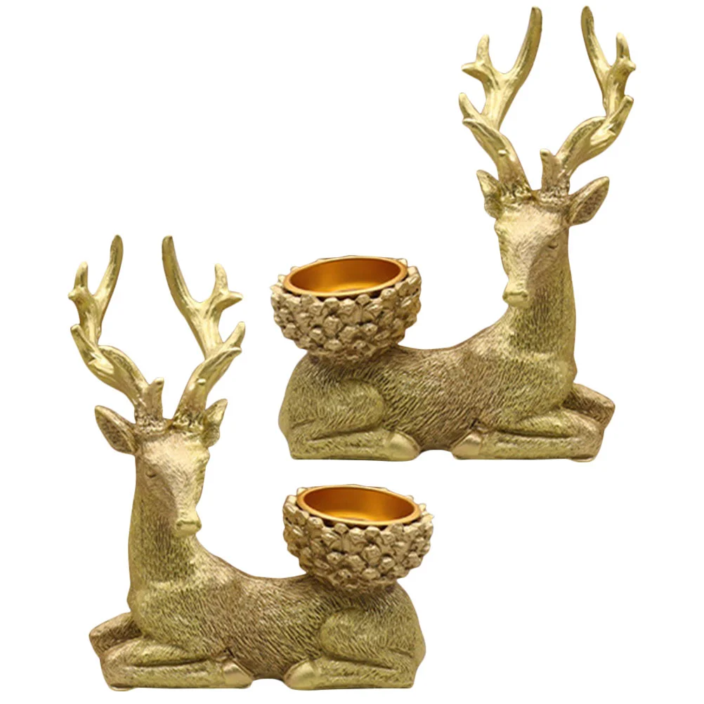 

2 Pcs Elk Candlestick Desktop Ornaments Home Holder Christmas Decors Synthetic Resin Lovely Party Office Xmas Supplies