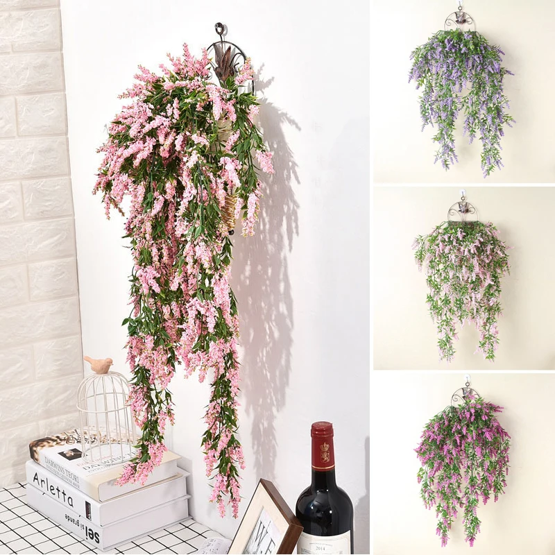 

Artificial Hanging Flowers Long Lavender Flower Stamen Plants with Leaves Vine Bunches Party Home Garden Decoration Rattan
