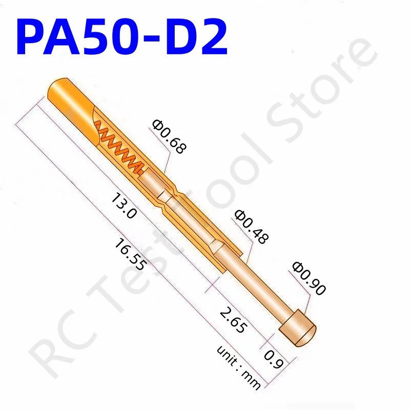 

100PCS PA50-D2 Spring Test Probe PA50-D Test Pin Test Tool 16.55mm Dia0.68mm Gold Needle Tip Dia 0.9mm Pogo Pin P50-D P50-D2