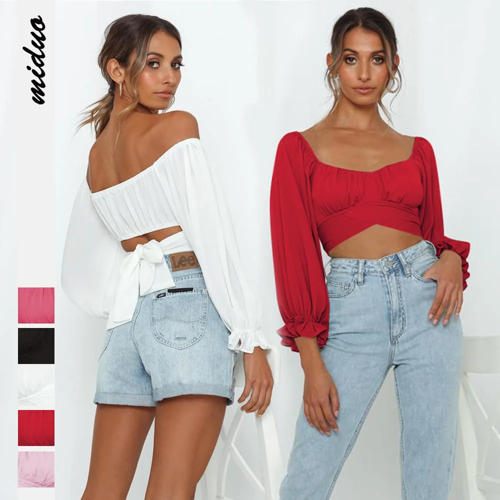 Women's Square Neck Tee Ruffle Long Sleeve Frill Smock Solid Chiffon Cute Off Shoulder Tie Up Back Crop Tube Top Bardot Blouse