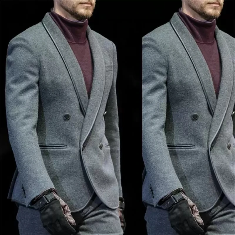 Men's Suits & Blazers 2 Pieces Grey Men Wool High Quality Formal Party Wear Customized Handsome Double Breasted Coat+Pant