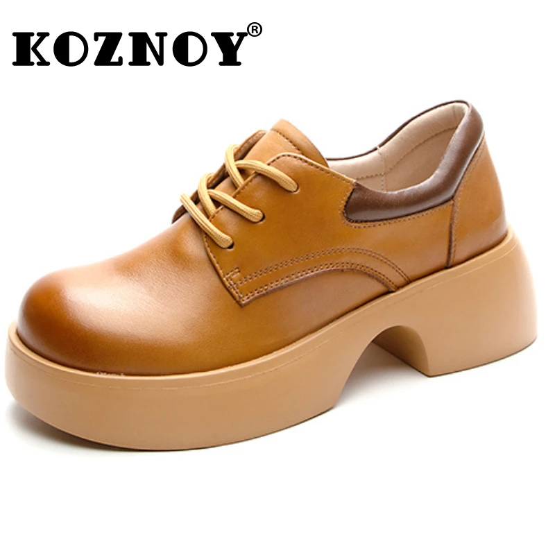 

Koznoy 5.5cm Cow Genuine Leather Platform Wedge Non Slip Lace-Up Round Toe Thick Soled Women Comfy Retro British Rubber Shoes
