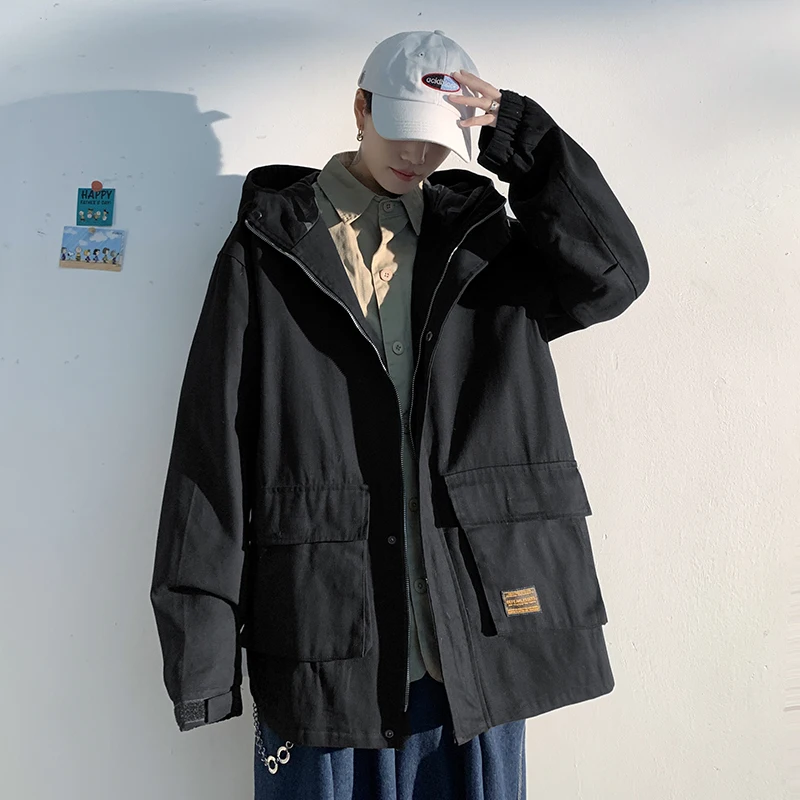 

Мужская куртка-карго большого размера с капюшоном, модные тренды, Японская уличная одежда, топы, подростковые хлопковые пальто с капюшоном, простая ветровка