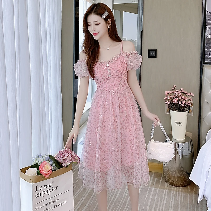 

COIGARSAM Summer Women's Dress 2021 2022 New French Style Vintage Print Mesh Dresses Dropshipping