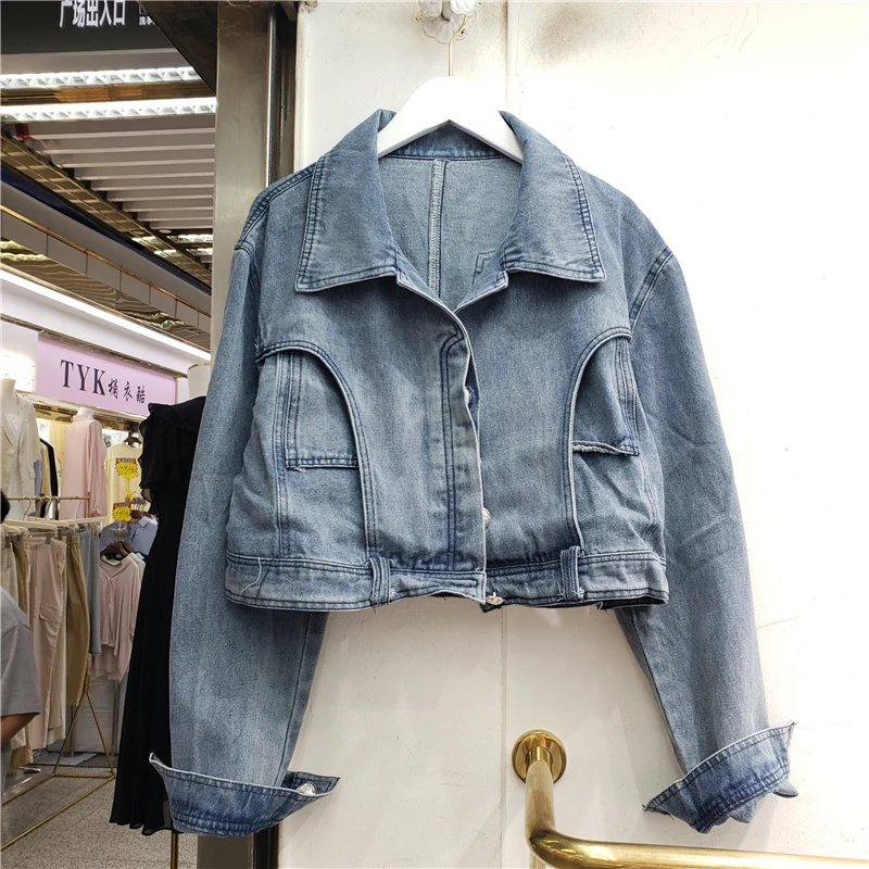 

Korean Vintage Washed Blue Short Denim Jacket Spring Autumn Women Casual Single-breasted Lapel Long Sleeve Jeans Jacket Female