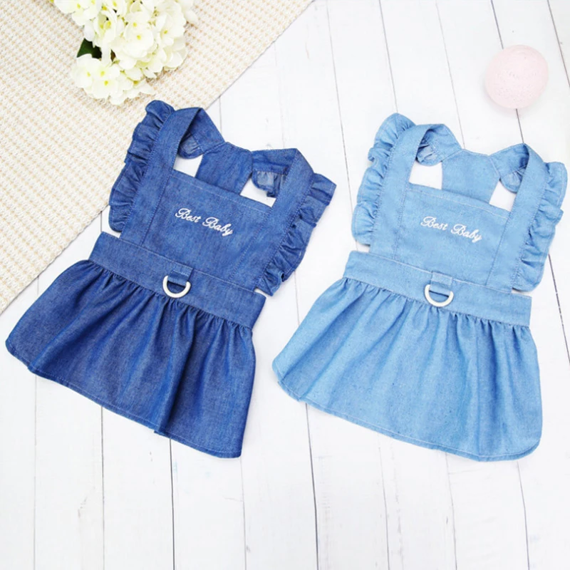 

D-Ring Dog Shirt Cat Denim Vest Puppy Outdoor Walk Chest Strap Dress With Print Pet Clothes Spring And Summer Harness Dress