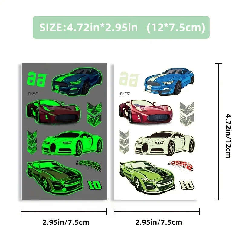 6 листов светящиеся гоночные автомобили принадлежности временные татуировки для