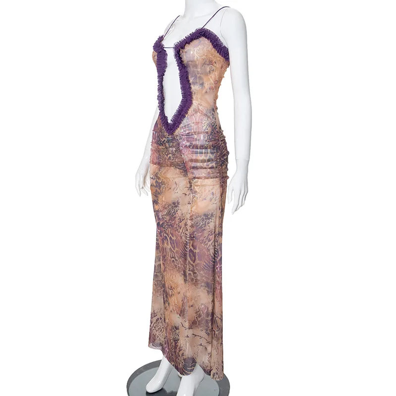 Летнее Длинное Плиссированное Сетчатое платье на бретельках без рукавов с