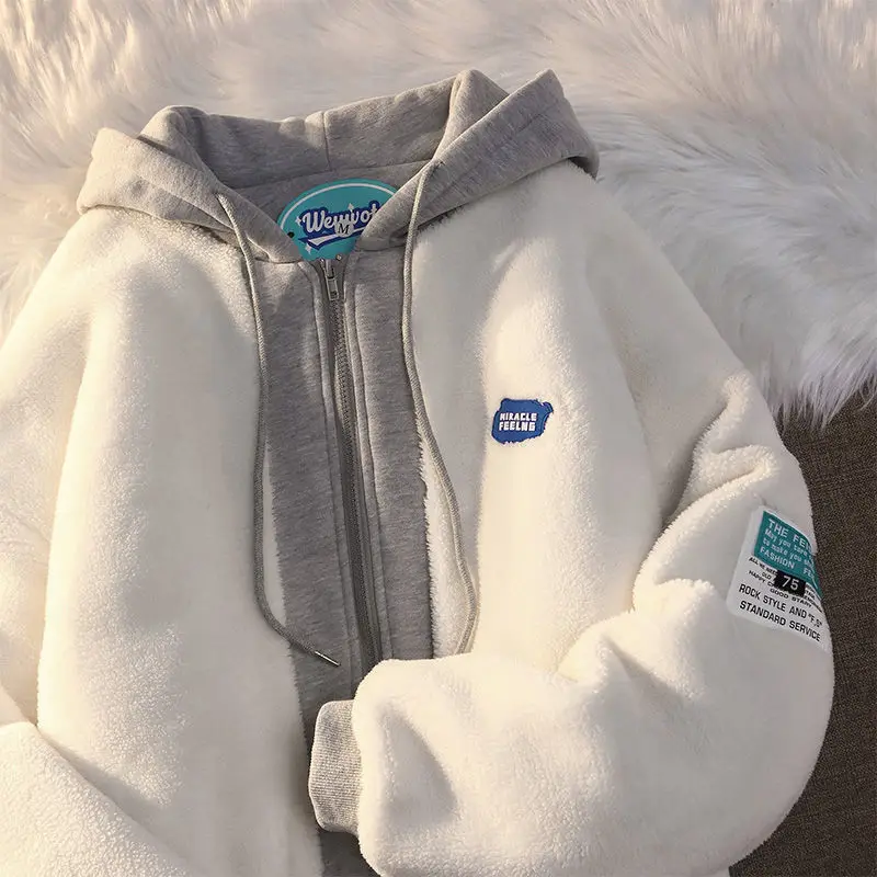 

Hip-hop Winter Lamb Wool Hooded Sweater Women's Padded Jacket Couple Sweater Top Fashion Fake Two-piece Velvet Thick Coat