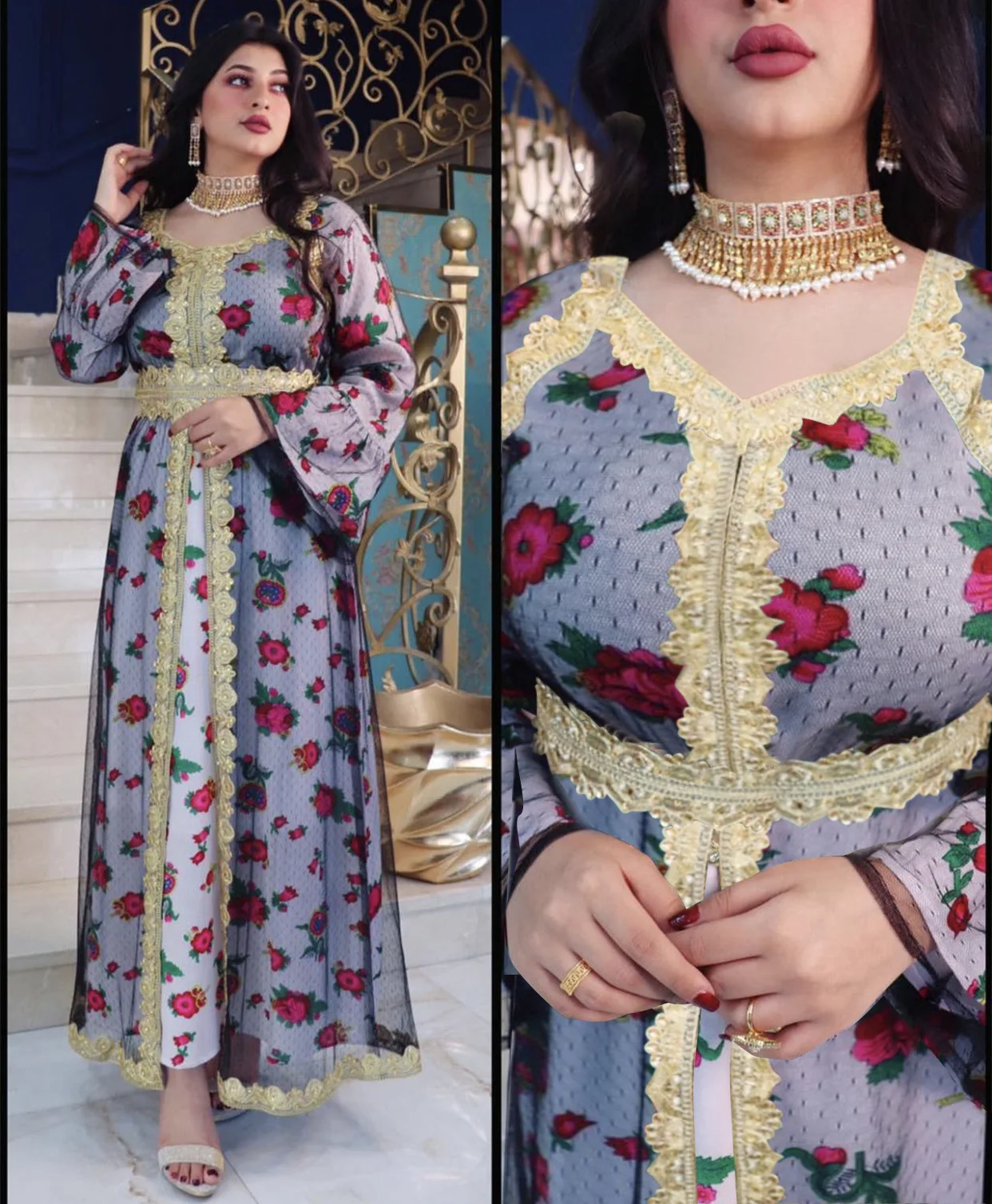 Elegant and Elegant Ethnic Style Printed Embroidered Lace Mesh Dress Muslim Muslim Women's Fake Two Piece Dress