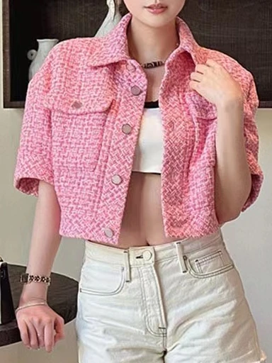 

Spring Autumn Single Breasted Silk lining Coat Women Tops Outwear Short PinkTweed Jacket Female Clothing