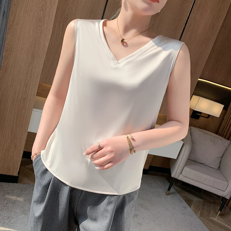 Майка женская с V-образным вырезом Элегантная модная базовая белая атласная