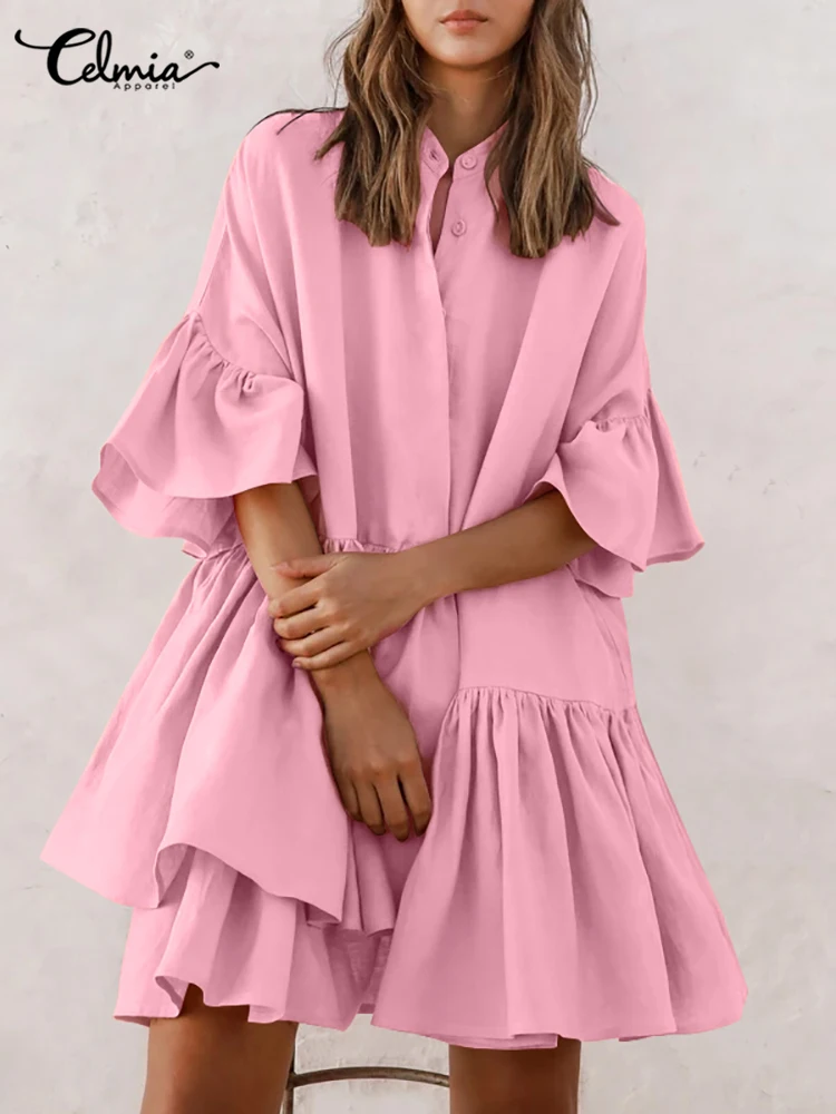 

Celmia Half Sleeve Summer 2023 Sundress Elegant Ruffles Holiday Irregular Hem Mini Dress Casual Loose Solid Color Women Vestidos