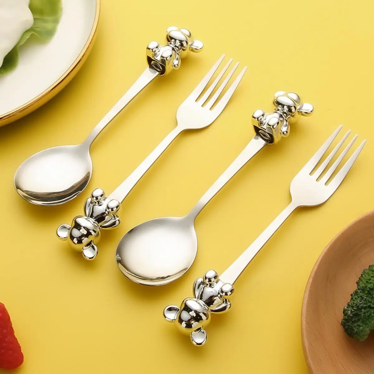 

Cartoon Bear Stainless Steel Spoon Forks With Bear Handle Kitchen Tableware Milk Coffee Stirring Spoons Dessert Cake Tools