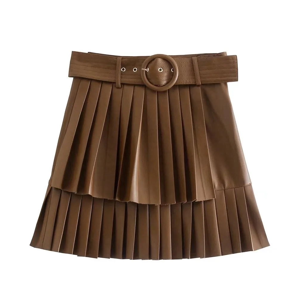 

Huaxaifan Women Fashion With Belt Faux Leather Pleated Mini Skirt VIntage High Waist Side Zipper Female Skirts Mujer