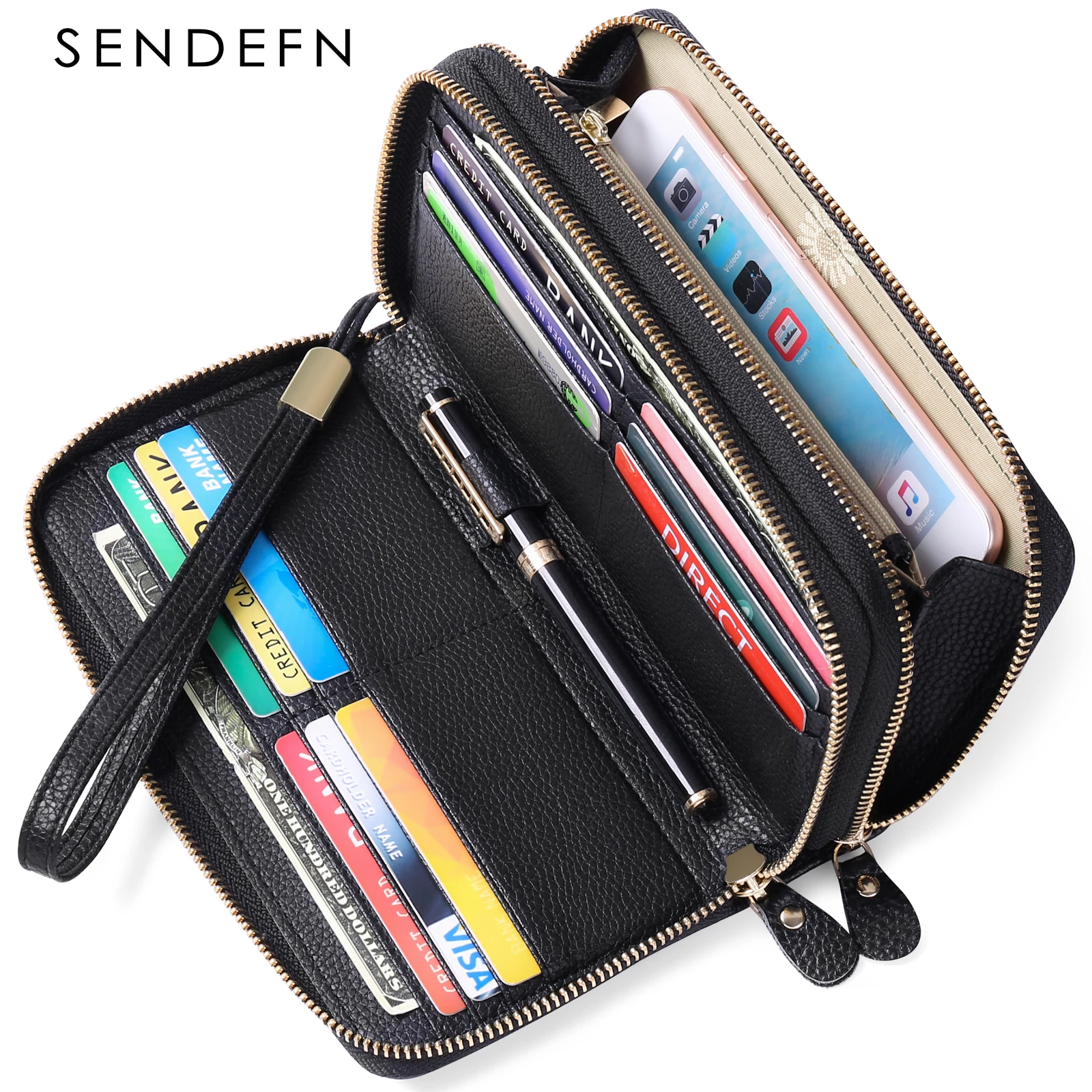 SENDEFN Women Long Wallets Double Zipper Clutches Purse Large Capacity Fashion Wristlet Wallet Phone Bag Card Holder Lady Wallet