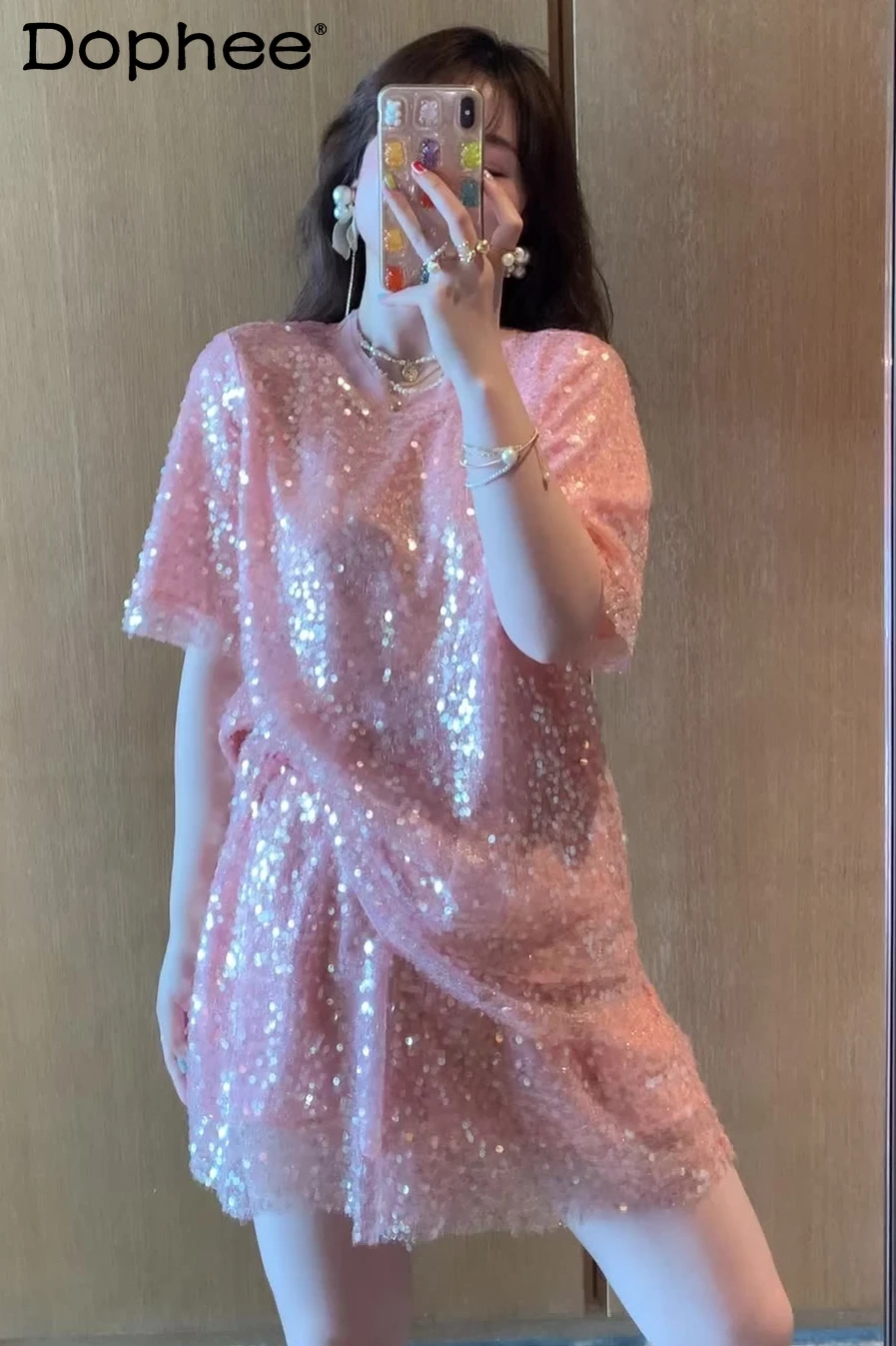 

Sequined Shorts Sets for Women Two Piece Suit Korea Style Summer New Temperament Pink T-Shirt + Shorts Ladies Outfits