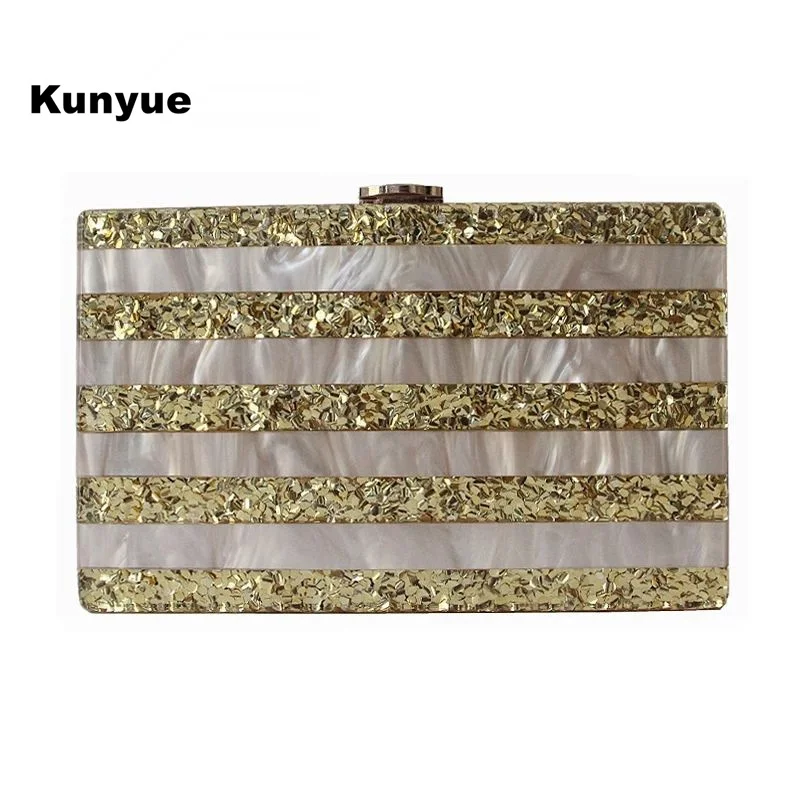 

New Messenger Bag Brand Designer Vintage Striped Evening Bag Luxury Golden Sequin Acrylic Clutch Purse Bridal Party Prom Handbag