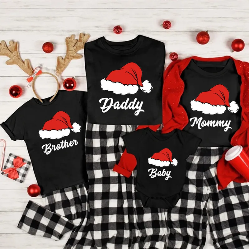 

New Santa Hat Family Matching Christmas Outfits Cotton Daddy Mommy Brother Sister Baby Xmas Shirt Family Look New Year's Clothes