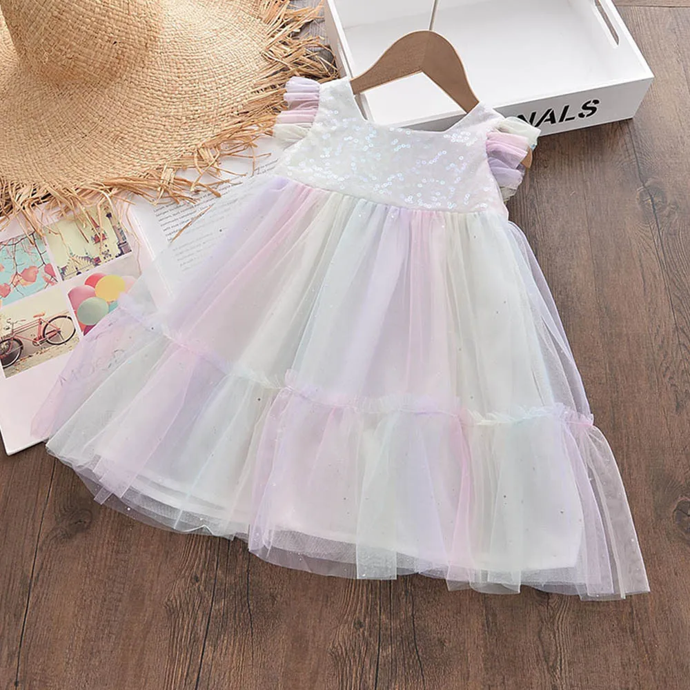 

2022 Princess Dress New Summer Party Dresses Baby Girls Fashion Multicolor Lace Sequins Clothing Kids Children's Clothes for 3-8