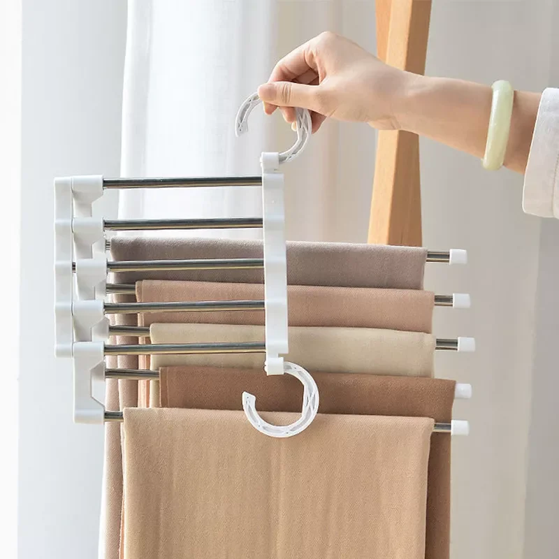

NEW2023 5 in 1 Multifunction Pant Rack towel Shelves Closet Organizer Stainless Steel Wardrobe Adjustable Magic Trouser Hangers