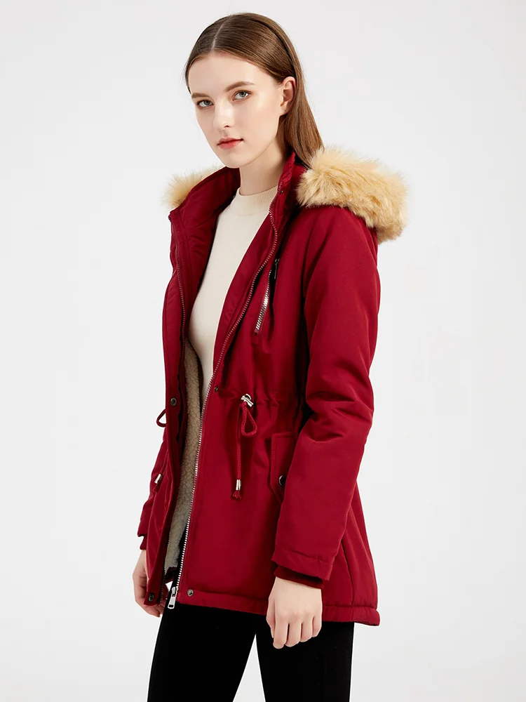 

Eu Size Red Black With Fur Cap Thick Warm Casual Women's Winter Jacket Tooling Ladies Coat Windproof Thickening