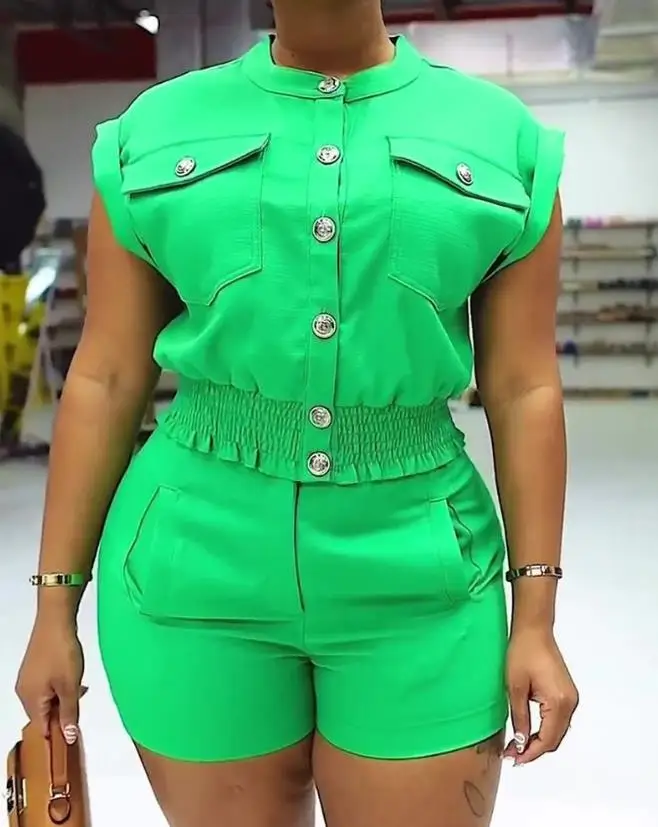 

Женский комплект из двух предметов с круглым вырезом и шортами с высокой талией