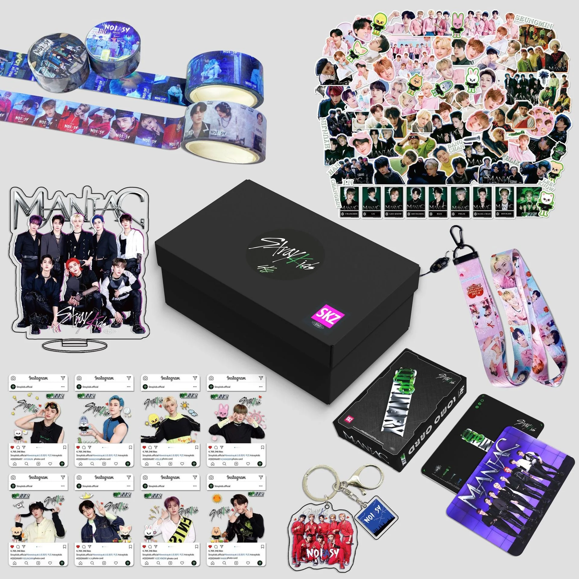 

KPOP New Boys Group Stray Kids Acrylic Keychain Diary Stationery Sticker LOMO Photo Card Set Lanyard Stand Stand Gift Box Gift