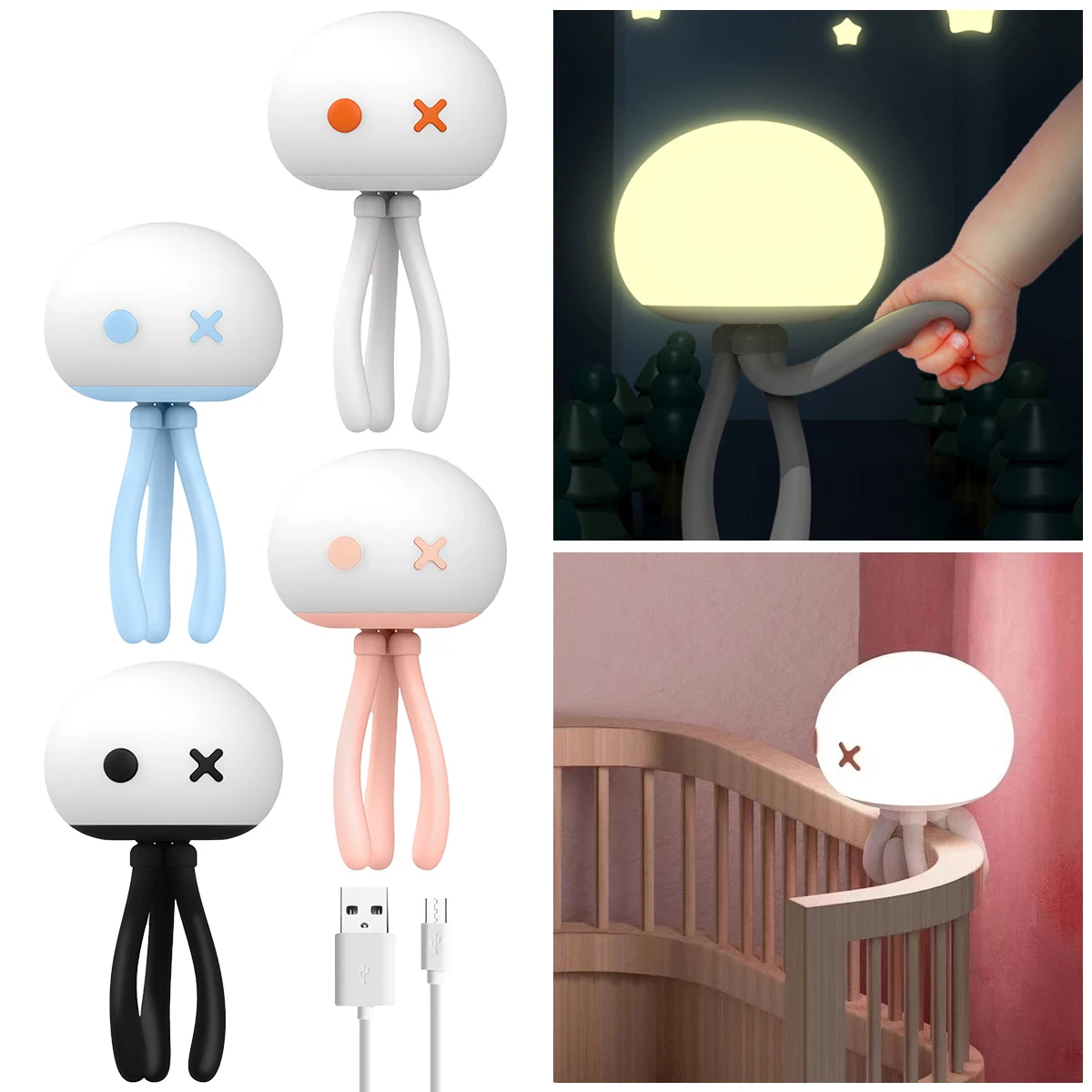 

NEW Jellyfish Baby Night Light with Flexible Tripod 3 Color Changing LED Table Light 1.5W DC5V 1200mAh USB Rechargeable Silicone