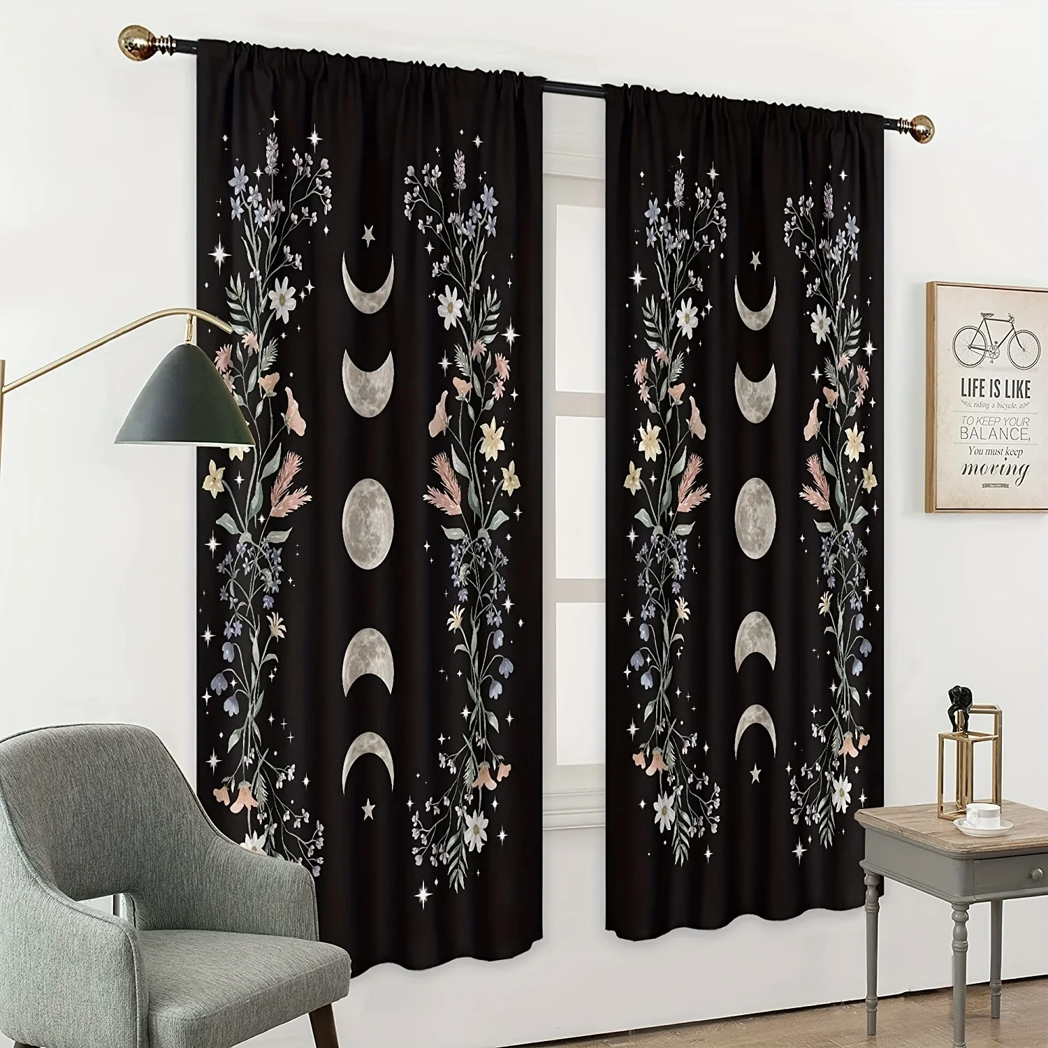 

Шторы в стиле бохо с цветочным принтом, занавески с карманом в виде диких цветов, фазы Луны, готический стиль, с зелеными листьями, для окна, кухни, спальни, 2 шт.