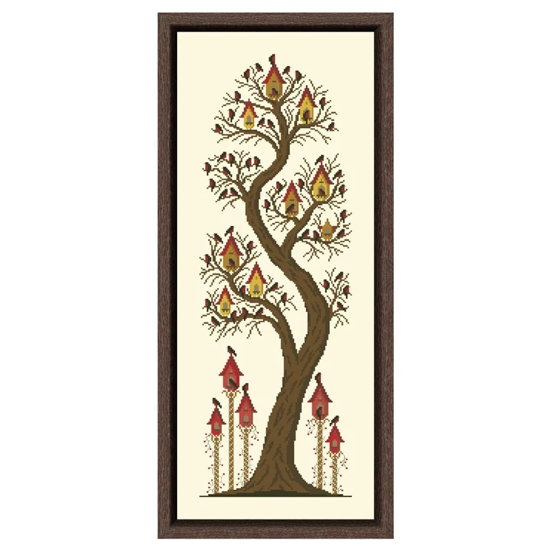 

Bird house tree cross stitch package simple 18ct 14ct 11ct light yellow fabric cotton thread embroidery DIY handmade
