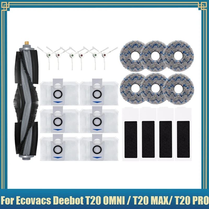 

23PCS For Ecovacs Deebot T20 OMNI / T20 MAX/ T20 PRO Vacuum Cleaner Accessory Main Side Brush Mop Cloth HEPA Filter Dust Bag