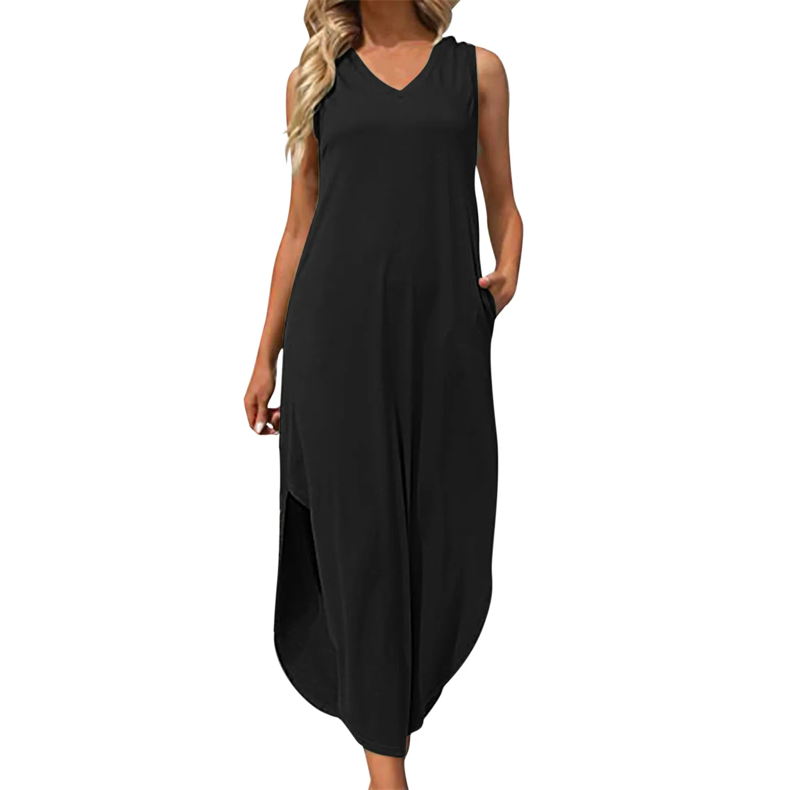 

Elegant Women Maxi Dress 2022 Summer Casual Solid Dress Ladies Fashion V Neck Sleeveless Party Dress Baggy Boho Beach Sundress