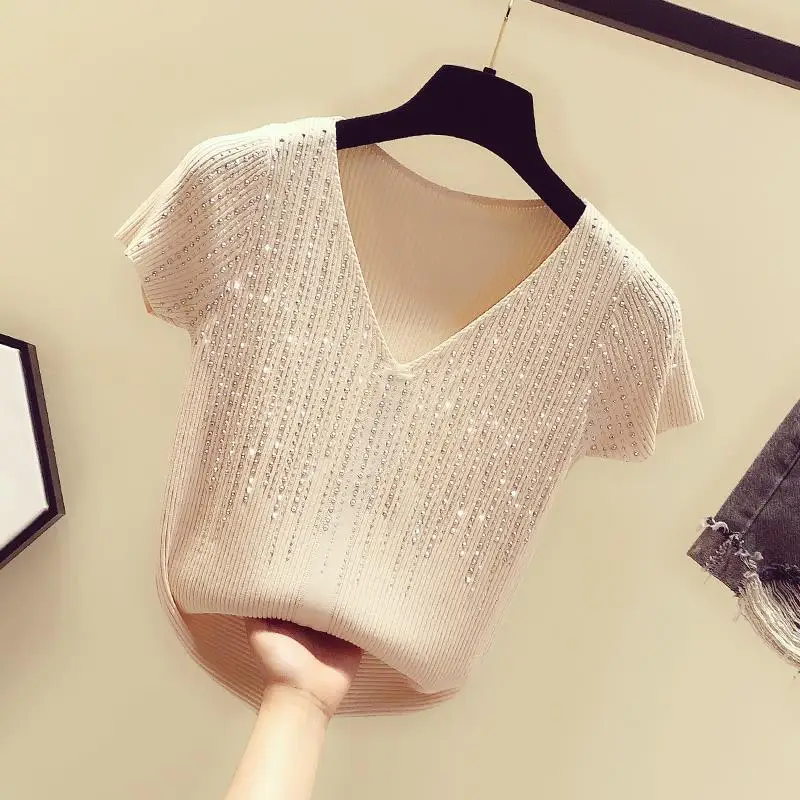 

Summer New Ice Silk Short-Sleeved T-Shirt Female V-Neck Korean Style Fashion Sexy Sweater Knitted Thin T Shirt E18