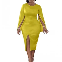 chic elegant party dress womens 2022 new round neck solid slit body dress tight sexy african clothes spring summer vestidos