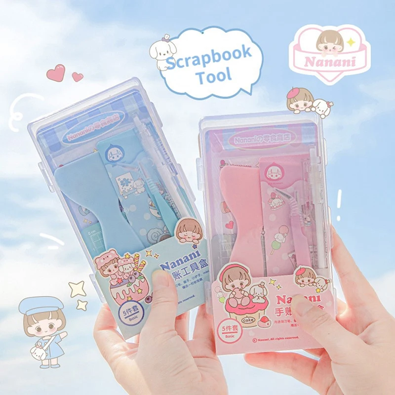 

8pcs Ins Scrapbook Tool with Storage Box Straight Elbow Tweezers Utility Knife Mini Base Plate Shovel Sticker Set for Diary Tool