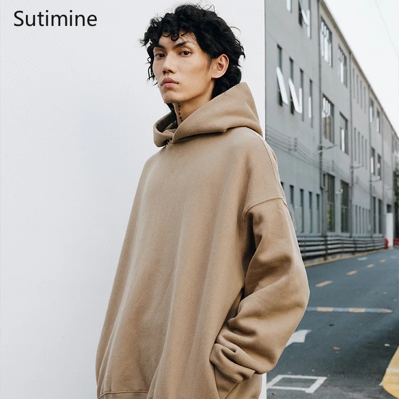 

Europe and The United States Plus Velvet Padded Couple Hoodies Off Shoulder Casual Loose Solid Color Hooded Sweater Men