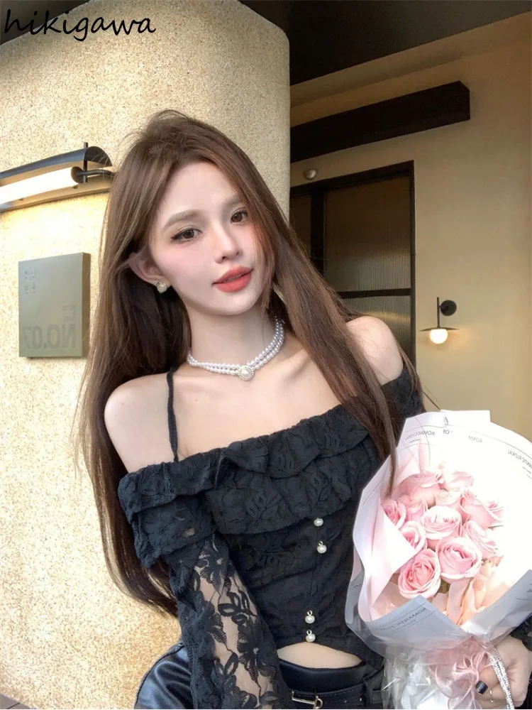 Женская кружевная блузка с вырезом лодочкой летняя расклешенными рукавами