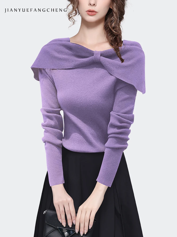 Милый женский свитер с воротником-лодочкой и бантом пикантные обтягивающие