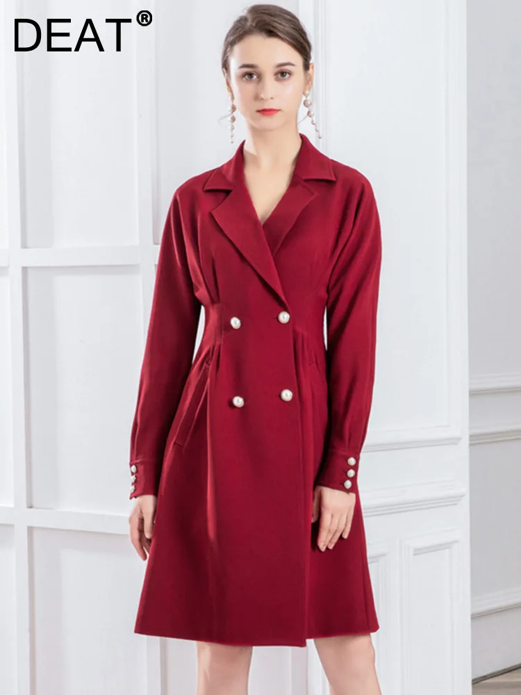 

DEAT Fashion Women's Dress Notched Collar Double Breasted Folds Waist Long Sleeves Mini Wine Red Dresses Autumn 2023 New 17A9943